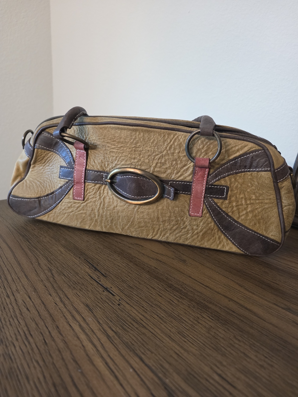 Hobo Tan Shoulder Bag with Brown Accents and Pink Trim